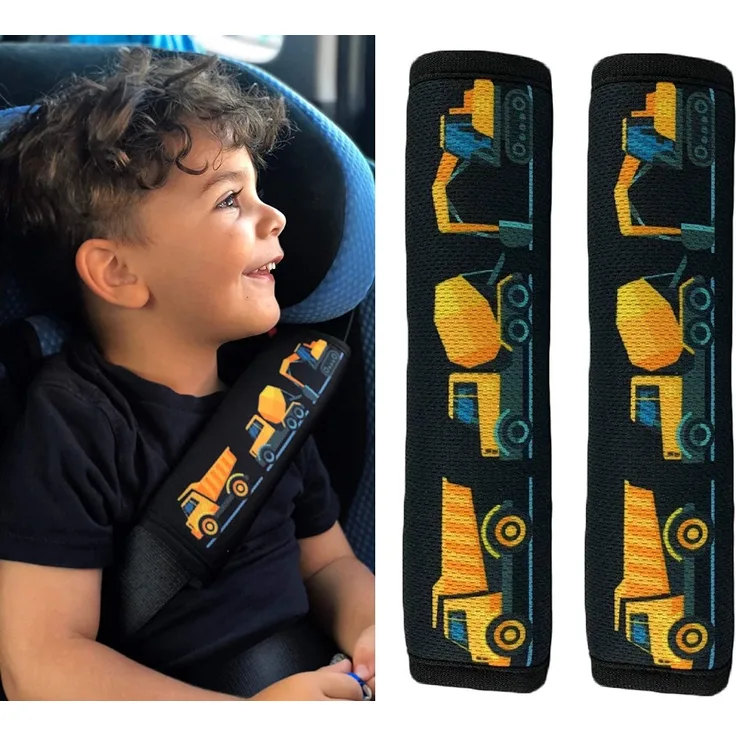 2x HECKBO® Auto Gurtschutz Sicherheitsgurt Schulterpolster Schulterkissen Gurtschoner Autositze Gurtpolster für Kinder, Jungen Jungs mit Baufahrzeuge, Bagger