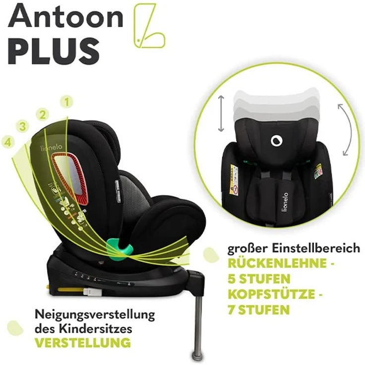 LIONELO Antoon PLUS ADAC Kindersitz, Isofix und Stützfuss, Gewichtsgruppe 0 bis 18 kg, 5-Punkt-Gurt vorwärts und rückwärts, 360-Grad-Drehbasis, Dri-Seat-Einsatz, Verdeck – Bild 6