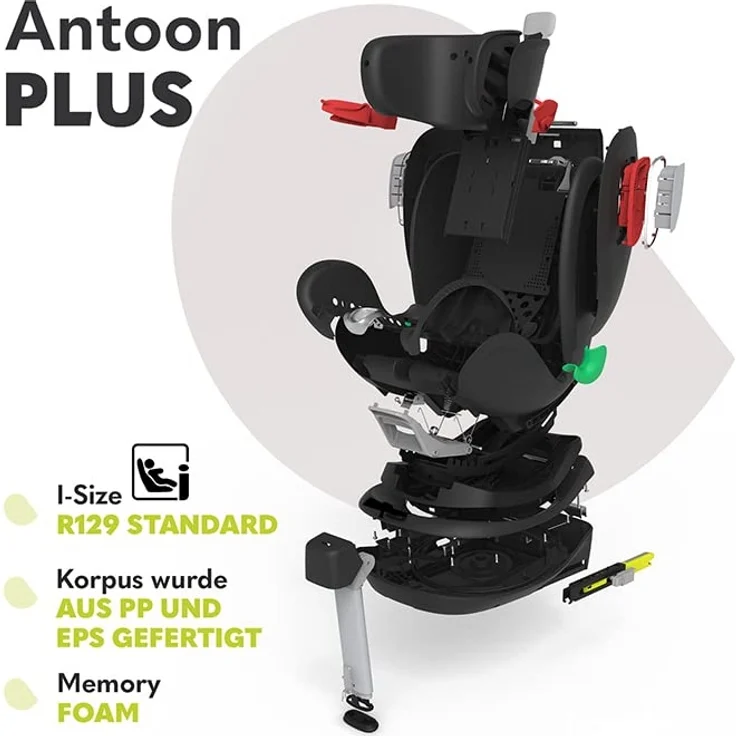 LIONELO Antoon PLUS ADAC Kindersitz, Isofix und Stützfuss, Gewichtsgruppe 0 bis 18 kg, 5-Punkt-Gurt vorwärts und rückwärts, 360-Grad-Drehbasis, Dri-Seat-Einsatz, Verdeck – Bild 7