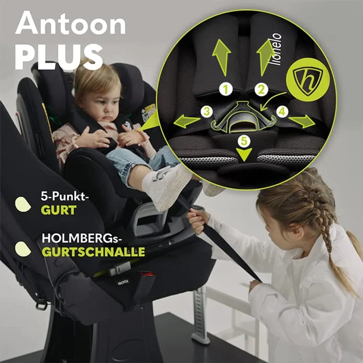 LIONELO Antoon PLUS ADAC Kindersitz, Isofix und Stützfuss, Gewichtsgruppe 0 bis 18 kg, 5-Punkt-Gurt vorwärts und rückwärts, 360-Grad-Drehbasis, Dri-Seat-Einsatz, Verdeck – Bild 9