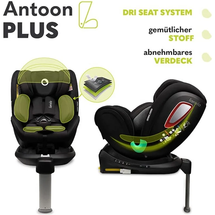 LIONELO Antoon PLUS ADAC Kindersitz, Isofix und Stützfuss, Gewichtsgruppe 0 bis 18 kg, 5-Punkt-Gurt vorwärts und rückwärts, 360-Grad-Drehbasis, Dri-Seat-Einsatz, Verdeck – Bild 8