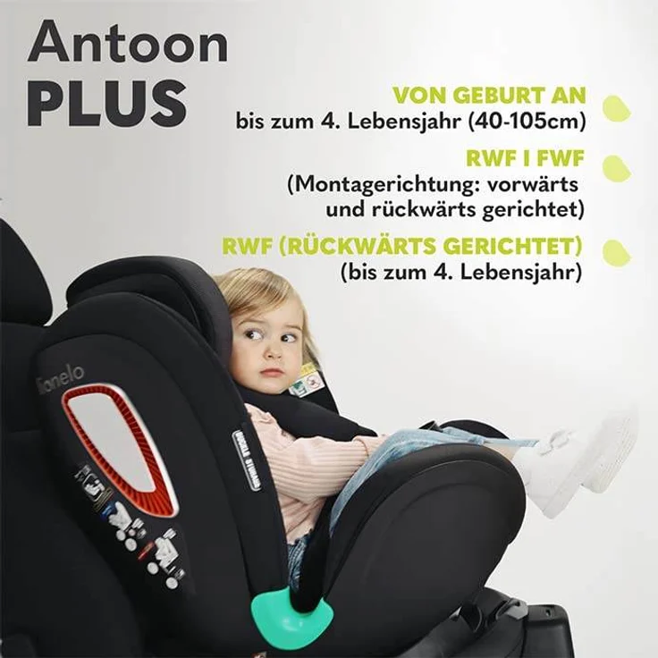 LIONELO Antoon PLUS ADAC Kindersitz, Isofix und Stützfuss, Gewichtsgruppe 0 bis 18 kg, 5-Punkt-Gurt vorwärts und rückwärts, 360-Grad-Drehbasis, Dri-Seat-Einsatz, Verdeck – Bild 5