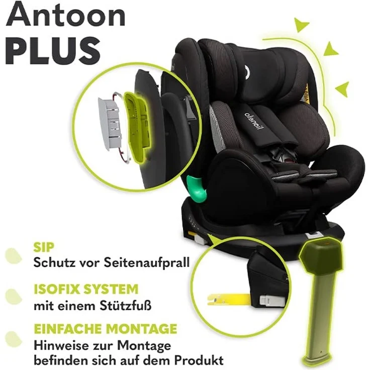 LIONELO Antoon PLUS ADAC Kindersitz, Isofix und Stützfuss, Gewichtsgruppe 0 bis 18 kg, 5-Punkt-Gurt vorwärts und rückwärts, 360-Grad-Drehbasis, Dri-Seat-Einsatz, Verdeck – Bild 4