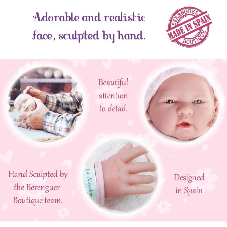 Berenguer Baby-Puppe in rosa Strickstrampler mit Decke, Vinyl, Mädchen – Bild 4