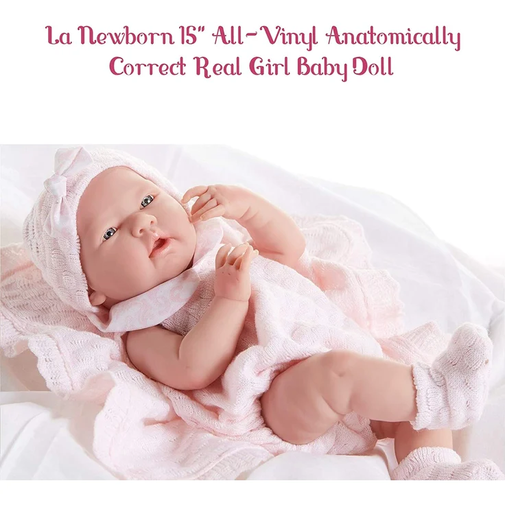 Berenguer Baby-Puppe in rosa Strickstrampler mit Decke, Vinyl, Mädchen – Bild 3