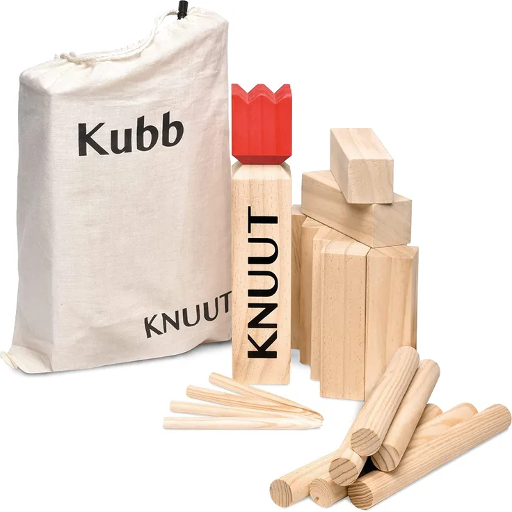 Toyfel XXL Kubb Spiel Knuut - FSC® Holzspiel mit Stoffbeutel – Spannendes Schweden Schach aus Kieferholz Robustes Wurfspiel mit 21 Spielelementen + Tragetasche - Gartenspiel für 2-12 Spieler