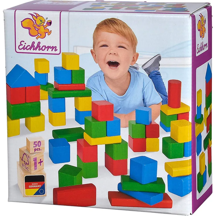 Eichhorn 50 bunte Holzbausteine, FSC 100% zertifiziertes Buchenholz, Holzbausteine hergestellt in Deutschland, Motorikspielzeug geeignet für Kinder ab 1 Jahr