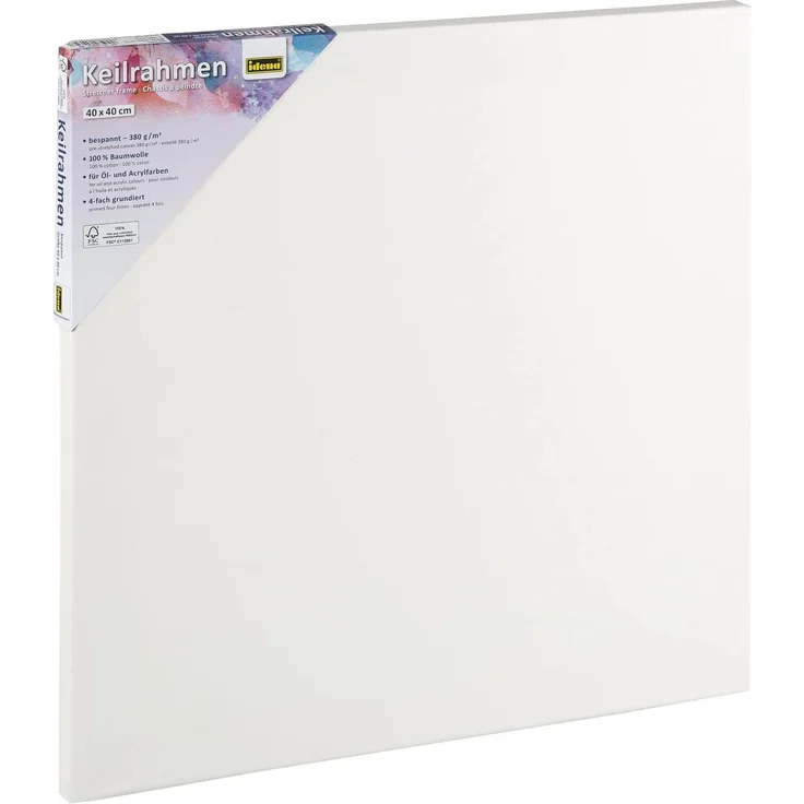Idena 60032 - Keilrahmen mit Leinwand aus 100% Baumwolle, 380 g/m², FSC zertifiziert, für Öl- und Acrylfarben, ca. 40 x 40 cm, weiß – Bild 1