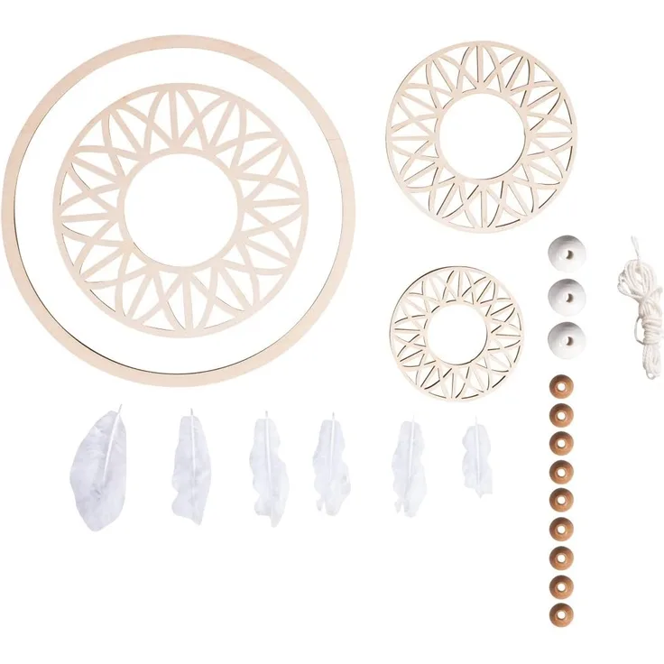 Rayher 62835000 Bastelset, Traumfänger Dream aus Holzelementen, Holzperlen und Federn, 18 cm ø, Länge ca. 74 cm, gelaserte Holz-Scheiben, Deko-Hänger, Wanddekorationen