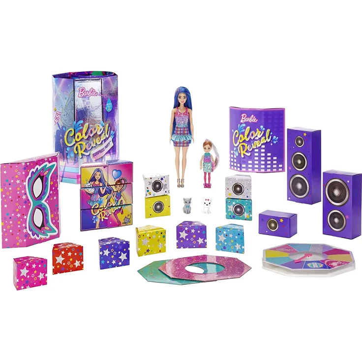 Barbie GXJ88 - Color Reveal Überraschungsparty, +50 Überraschungen: 1 Barbie Puppe, 1 Chelsea Puppe, 2 Tiere, 6 Farbwechsel, Zubehör & mehr, Tanzparty Set, Spielzeug Geschenk für Kinder ab 3 Jahren – Bild 1
