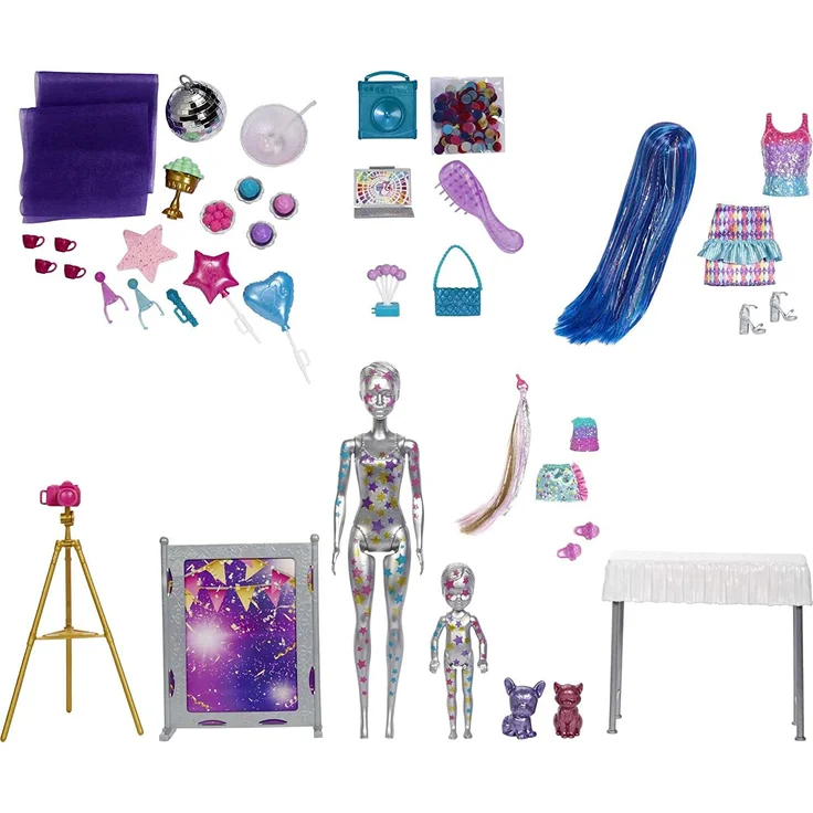 Barbie GXJ88 - Color Reveal Überraschungsparty, +50 Überraschungen: 1 Barbie Puppe, 1 Chelsea Puppe, 2 Tiere, 6 Farbwechsel, Zubehör & mehr, Tanzparty Set, Spielzeug Geschenk für Kinder ab 3 Jahren – Bild 5