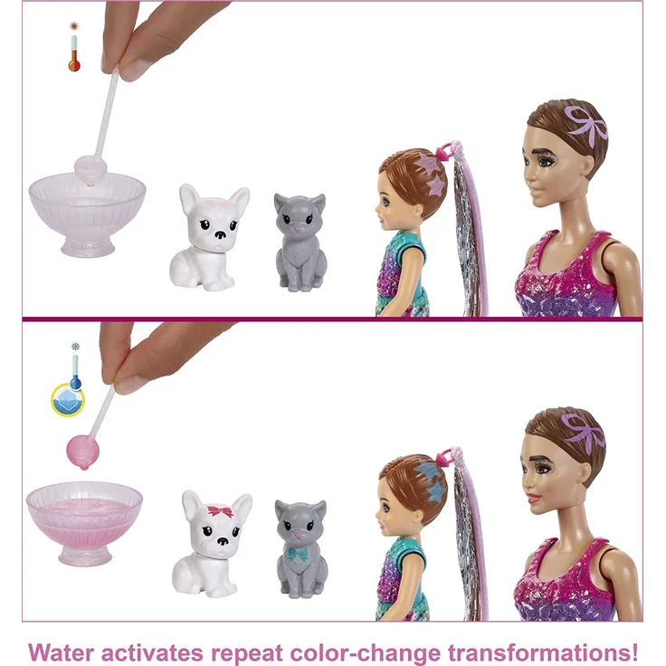Barbie GXJ88 - Color Reveal Überraschungsparty, +50 Überraschungen: 1 Barbie Puppe, 1 Chelsea Puppe, 2 Tiere, 6 Farbwechsel, Zubehör & mehr, Tanzparty Set, Spielzeug Geschenk für Kinder ab 3 Jahren – Bild 4
