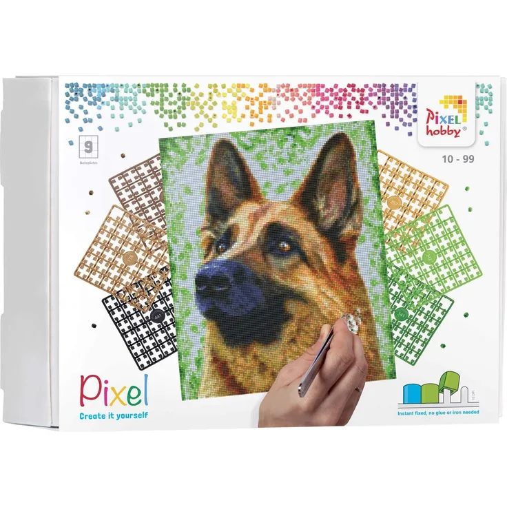 Pixel P090049 Mosaik Geschenkverpackung Hund, Pixelbild ca. 30,5 x 38,1 cm groß, kinderleichtes Stecksystem, ohne Bügeln und Kleben, Steinchen aus Biokunststoff, ideal für Kinder