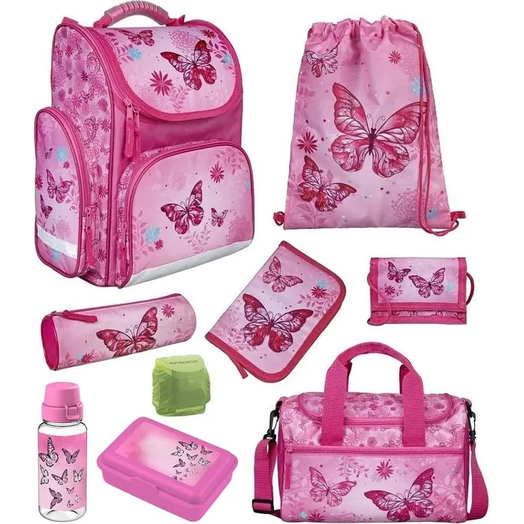 Mädchen Schulranzen 1. Klasse Tornister BUTTERFLY SCHMETTERLINGE 9-teiliges Set mit Sporttasche