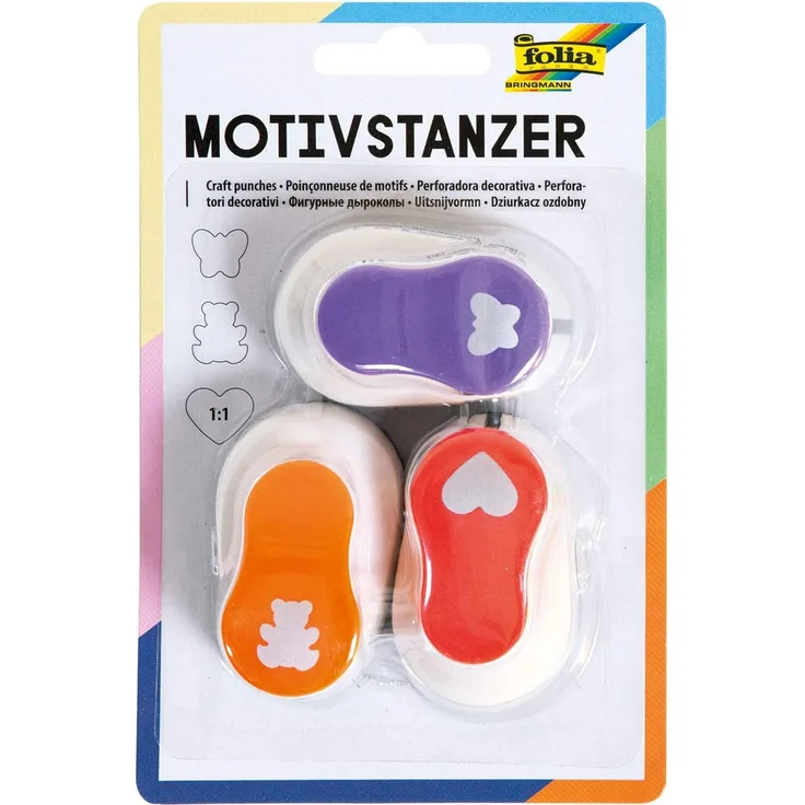 folia 7019 - Motivstanzer, Motivlocher, 3er Set, Herz, Schmetterling und Bär