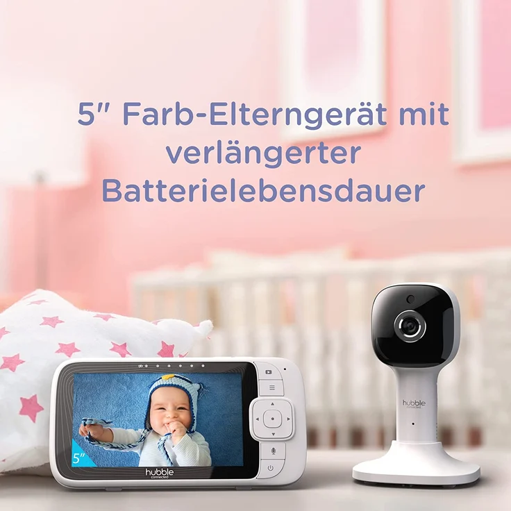 Hubble Connected Nursery Pal Cloud Babyphone mit Kamera, 5-Zoll-Bildschirm, 7-Farben-Nachtlicht, Infrarot-Nachtsicht, Zwei-Wege-Gespräch, Raumtemperatursensor und Smartphone-App – Bild 2
