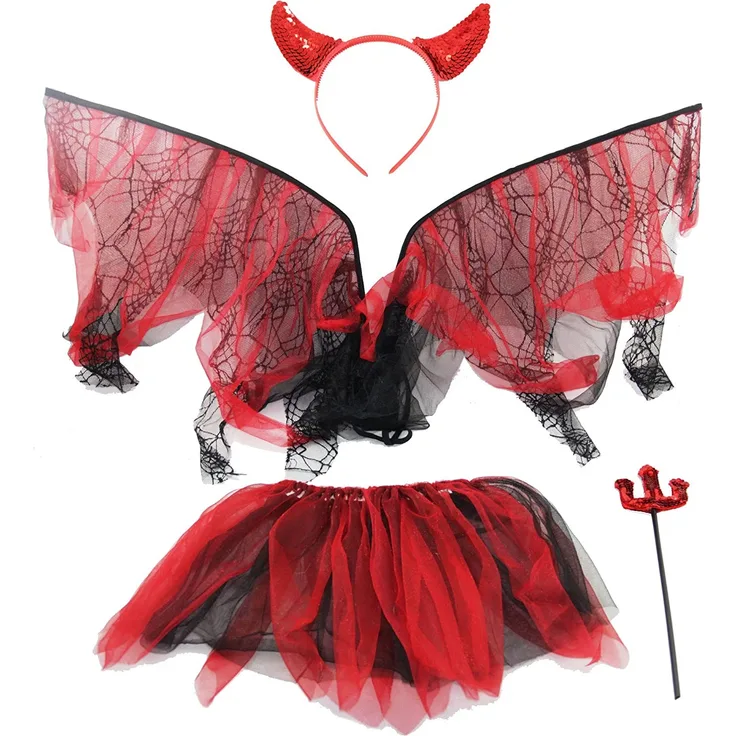 Teufel Set für Kinder Halloween Horror Party Hölle rot schwarz Hörner gruselig Tutu Flügel Hörner Mädchen