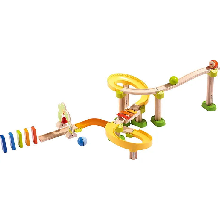 HABA 302056 - Kullerbü - Kugelbahn SIM-Sala-Kling, Holzkugelbahn mit vielen spannenden Bauelementen, Glöckchen-Tor und Klangtreppe, 38 Bauteile, Spielzeug ab 2 Jahren
