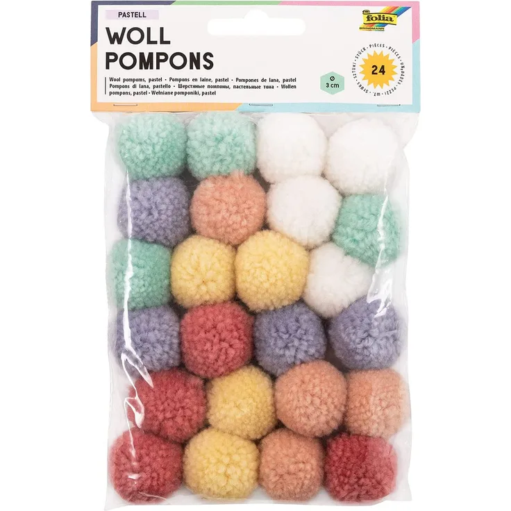 folia Woll-Pompons Pastell, 24 Stück, farbig sortiert