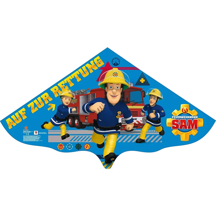 Paul Günther 1217 - Kinderdrachen mit Feuerwehrmann Sam Motiv, Einleinerdrachen aus robuster PE-Folie für Kinder ab 4 Jahre mit Wickelgriff und Schnur, ca. 115 x 63 cm groß – Bild 1