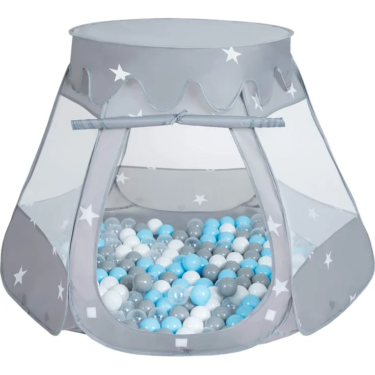 Selonis Baby Spielzelt Mit Plastikbällen Zelt 105X90cm/600 Bälle Plastikkugel Kinder, Grau:Grau-Weiß-Transparent-Babyblau