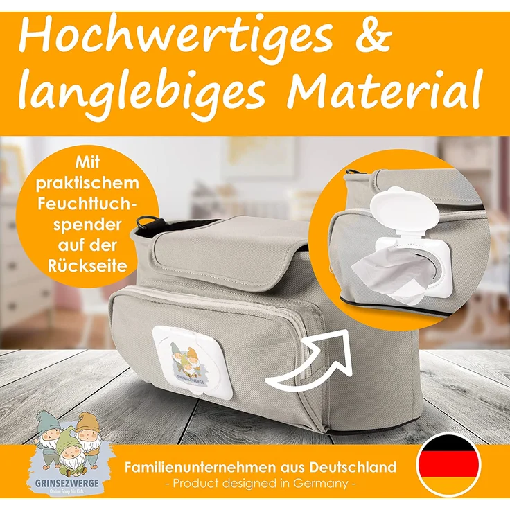 GRINSEZWERGE Kinderwagen Organizer 9 Motive mit Feuchttuchspender I Kinderwagen Tasche mit Schultergurt I Kinder Buggy Organizer I Kinderwagentasche Aufbewahrungstasche Baby Stroller Bag grau Faultier – Bild 6