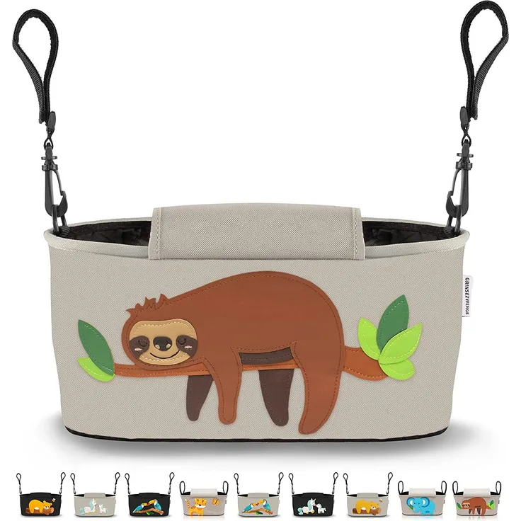 GRINSEZWERGE Kinderwagen Organizer 9 Motive mit Feuchttuchspender I Kinderwagen Tasche mit Schultergurt I Kinder Buggy Organizer I Kinderwagentasche Aufbewahrungstasche Baby Stroller Bag grau Faultier