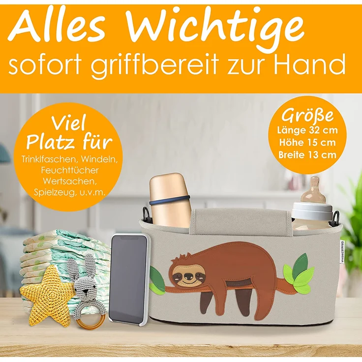 GRINSEZWERGE Kinderwagen Organizer 9 Motive mit Feuchttuchspender I Kinderwagen Tasche mit Schultergurt I Kinder Buggy Organizer I Kinderwagentasche Aufbewahrungstasche Baby Stroller Bag grau Faultier – Bild 3