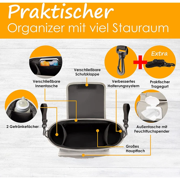 GRINSEZWERGE Kinderwagen Organizer 9 Motive mit Feuchttuchspender I Kinderwagen Tasche mit Schultergurt I Kinder Buggy Organizer I Kinderwagentasche Aufbewahrungstasche Baby Stroller Bag grau Faultier – Bild 2