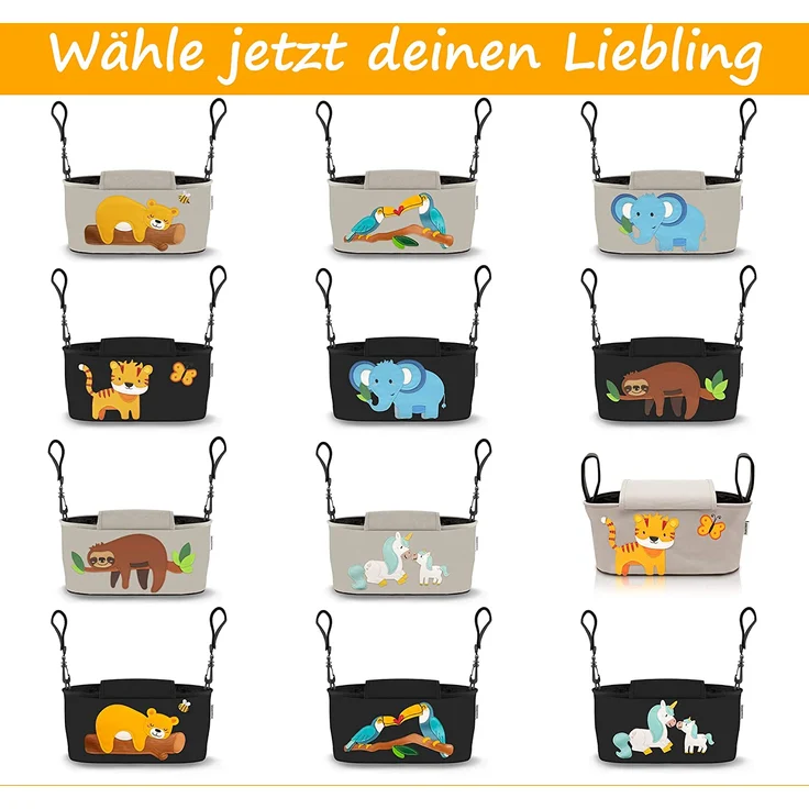 GRINSEZWERGE Kinderwagen Organizer 9 Motive mit Feuchttuchspender I Kinderwagen Tasche mit Schultergurt I Kinder Buggy Organizer I Kinderwagentasche Aufbewahrungstasche Baby Stroller Bag grau Faultier – Bild 7