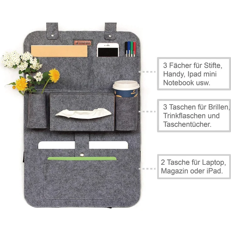 Auto organizer Rückenlehnenschutz multi Staumöglichkeiten Wohnmobil Zubehör Innenraum, 62 x 41 cm - Dunkelgrau – Bild 2