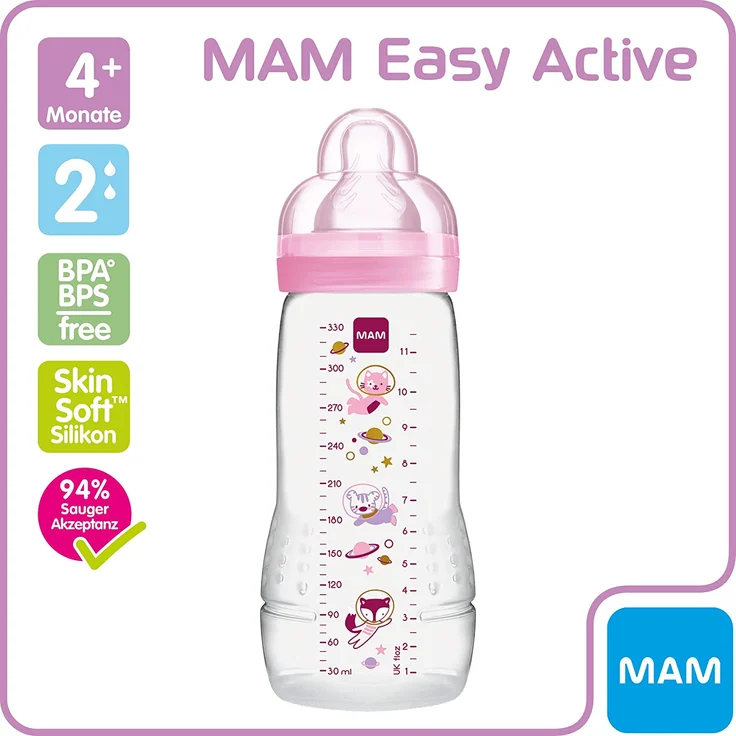 MAM Easy Active Trinkflasche (330 ml), Baby Trinkflasche inklusive MAM Sauger Größe 2 aus SkinSoft Silikon, Milchflasche mit ergonomischer Form, 4+ Monate, Weltall – Bild 3