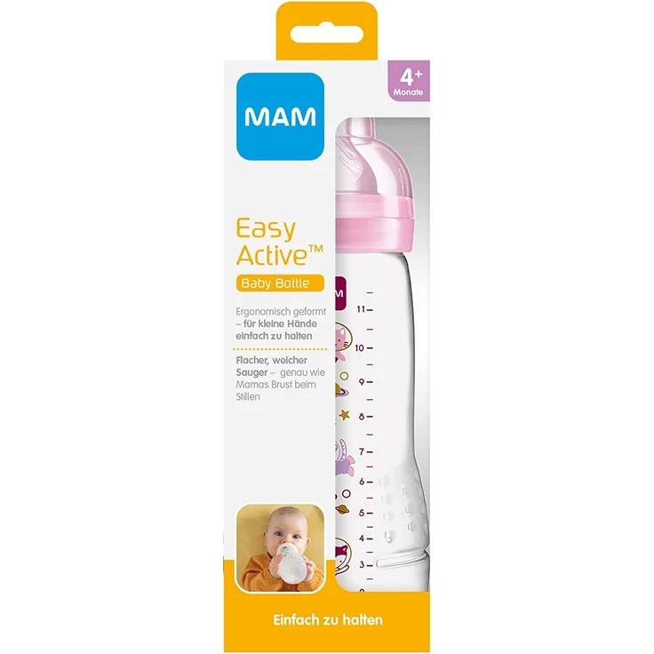 MAM Easy Active Trinkflasche (330 ml), Baby Trinkflasche inklusive MAM Sauger Größe 2 aus SkinSoft Silikon, Milchflasche mit ergonomischer Form, 4+ Monate, Weltall – Bild 2