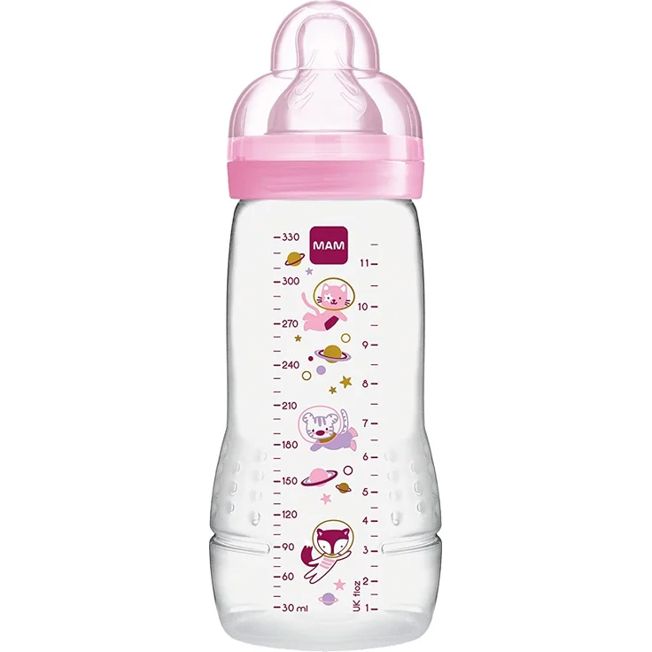 MAM Easy Active Trinkflasche (330 ml), Baby Trinkflasche inklusive MAM Sauger Größe 2 aus SkinSoft Silikon, Milchflasche mit ergonomischer Form, 4+ Monate, Weltall – Bild 1