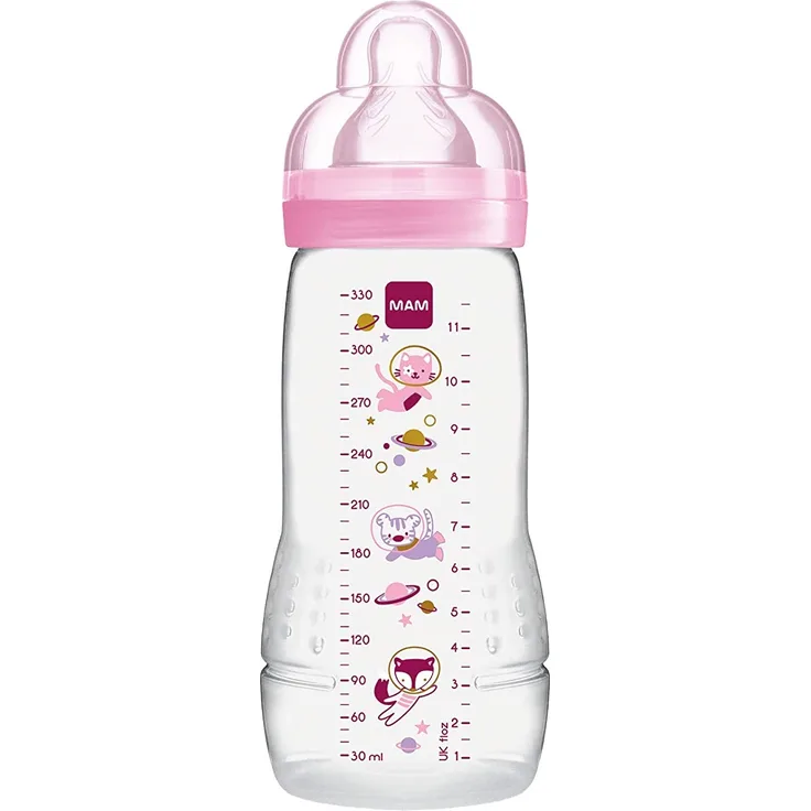 MAM Easy Active Trinkflasche (330 ml), Baby Trinkflasche inklusive MAM Sauger Größe 2 aus SkinSoft Silikon, Milchflasche mit ergonomischer Form, 4+ Monate, Weltall