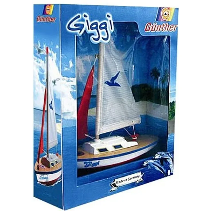 Paul Günther 1802 - Segelboot Giggi, kleine Segeljolle zum Spielen, ca. 24 x 32 cm groß, hochwertig gefertigt und segelfertig montiert, für Badesee, Strand und Badewanne