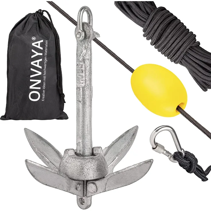ONVAYA® Bootsanker | 0,7 kg | Klappanker | Set inklusive Ankerleine mit Karabiner, Ankerboje und Transportbeutel | Faltanker | Anker für Boot, Schlauchboot, SUP, Kajak, Kanu