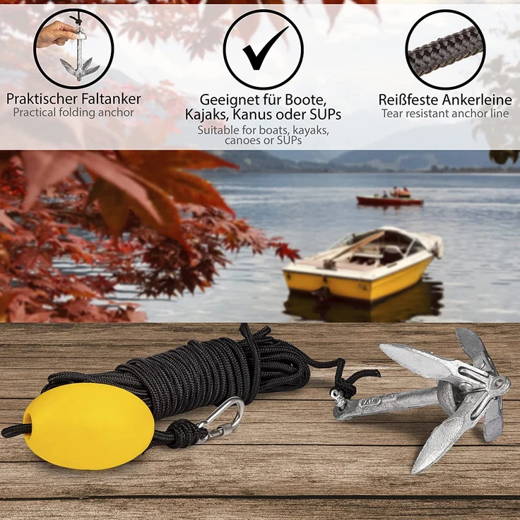 ONVAYA® Bootsanker | 0,7 kg | Klappanker | Set inklusive Ankerleine mit Karabiner, Ankerboje und Transportbeutel | Faltanker | Anker für Boot, Schlauchboot, SUP, Kajak, Kanu – Bild 3