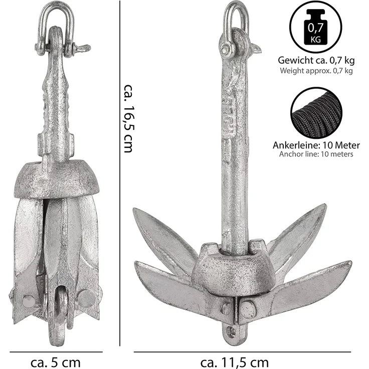 ONVAYA® Bootsanker | 0,7 kg | Klappanker | Set inklusive Ankerleine mit Karabiner, Ankerboje und Transportbeutel | Faltanker | Anker für Boot, Schlauchboot, SUP, Kajak, Kanu – Bild 2