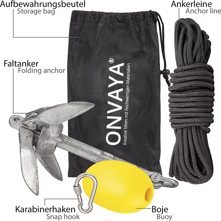 ONVAYA® Bootsanker | 0,7 kg | Klappanker | Set inklusive Ankerleine mit Karabiner, Ankerboje und Transportbeutel | Faltanker | Anker für Boot, Schlauchboot, SUP, Kajak, Kanu – Bild 5