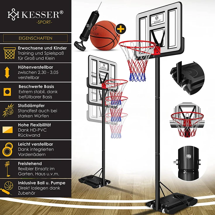 KESSER® Basketballkorb Premium mit Ständer Rollen Inkl. Basketball + Pumpe verstellbare Korbhöhe 230 bis 305 cm höhenverstellbar Korbanlage Outdoor komplett Basketballanlage für Erwachsene Kinder Weiß - Preisvergleich – Bild 2