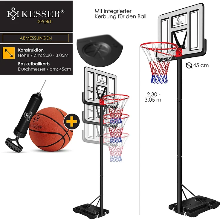 KESSER® Basketballkorb Premium mit Ständer Rollen Inkl. Basketball + Pumpe verstellbare Korbhöhe 230 bis 305 cm höhenverstellbar Korbanlage Outdoor komplett Basketballanlage für Erwachsene Kinder Weiß - Preisvergleich – Bild 6