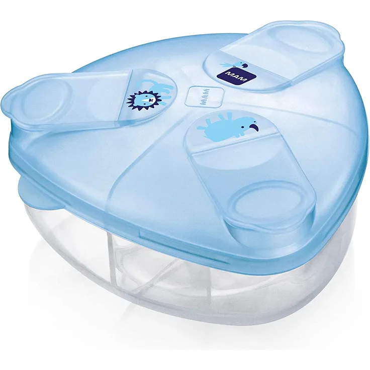 MAM Milchpulverspender, Milchpulver Box zum einfachen Befüllen von Babyflaschen, Milchpulverportionierer fasst bis zu 3 Portionen, 0+ Monate, blau