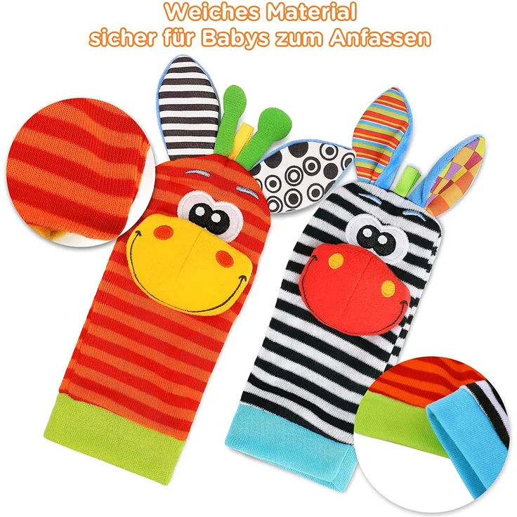 Baby Rasseln Spielzeug Handgelenk Und Socken, Plüschtiere Entwicklungs-Spielzeug für Neugeborene, Mädchen und Jungen, Baby Geschenk Mehrfarbig (2 Hände Rasseln + 2 Socken Rasseln) – Bild 4