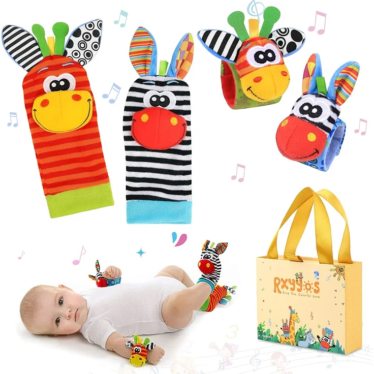 Baby Rasseln Spielzeug Handgelenk Und Socken, Plüschtiere Entwicklungs-Spielzeug für Neugeborene, Mädchen und Jungen, Baby Geschenk Mehrfarbig (2 Hände Rasseln + 2 Socken Rasseln) – Bild 1