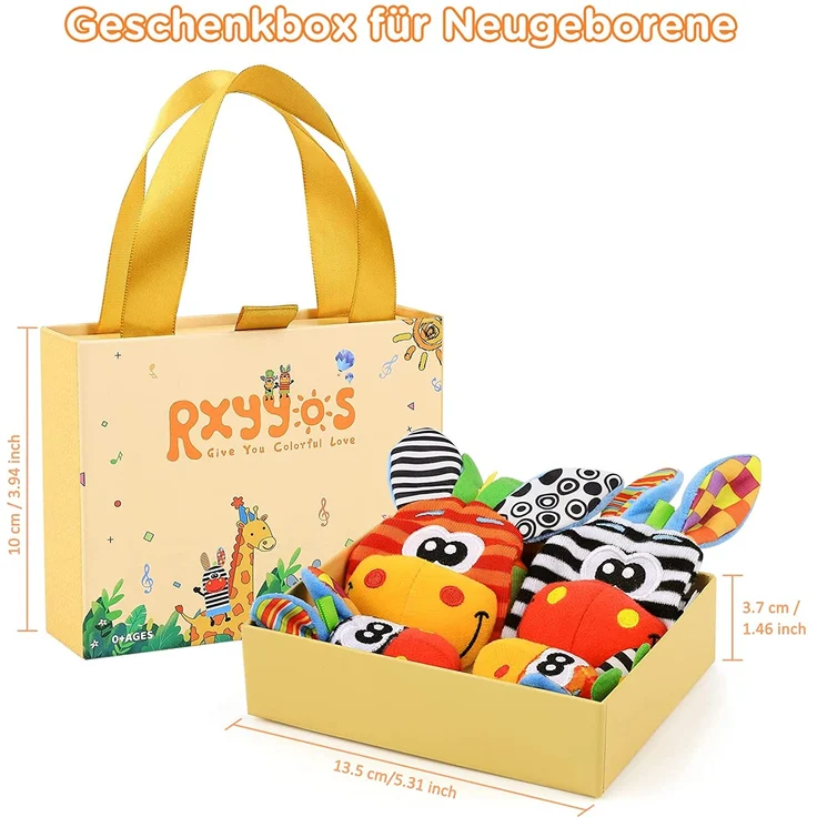Baby Rasseln Spielzeug Handgelenk Und Socken, Plüschtiere Entwicklungs-Spielzeug für Neugeborene, Mädchen und Jungen, Baby Geschenk Mehrfarbig (2 Hände Rasseln + 2 Socken Rasseln) – Bild 2