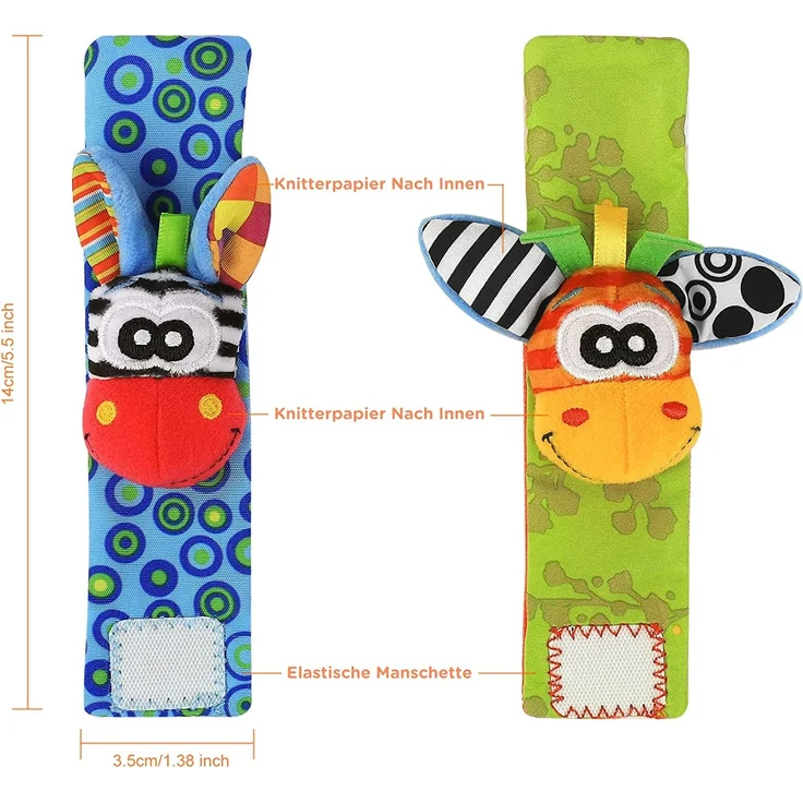 Baby Rasseln Spielzeug Handgelenk Und Socken, Plüschtiere Entwicklungs-Spielzeug für Neugeborene, Mädchen und Jungen, Baby Geschenk Mehrfarbig (2 Hände Rasseln + 2 Socken Rasseln) – Bild 6