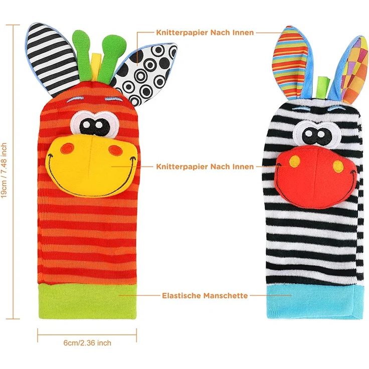 Baby Rasseln Spielzeug Handgelenk Und Socken, Plüschtiere Entwicklungs-Spielzeug für Neugeborene, Mädchen und Jungen, Baby Geschenk Mehrfarbig (2 Hände Rasseln + 2 Socken Rasseln) – Bild 5
