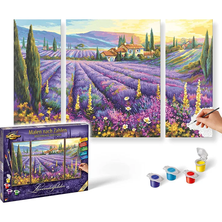 Schipper 609260604 Malen nach Zahlen, Lavendelfelder - Bilder malen für Erwachsene, inklusive Pinsel und Acrylfarben, Triptychon, 50 x 80 cm