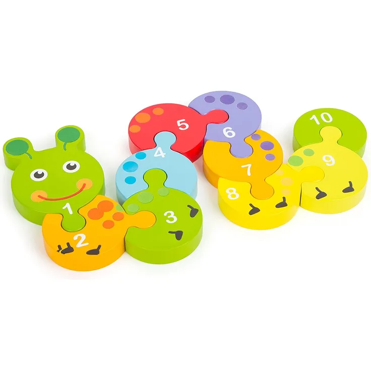 Small Foot 10717 Zahlenpuzzle aus kunterbuntem Holz in Raupen-Form, zehn nummerierte Puzzle-Teile, fördert Zahlenverständnis, Feinmotorik und Konzentration